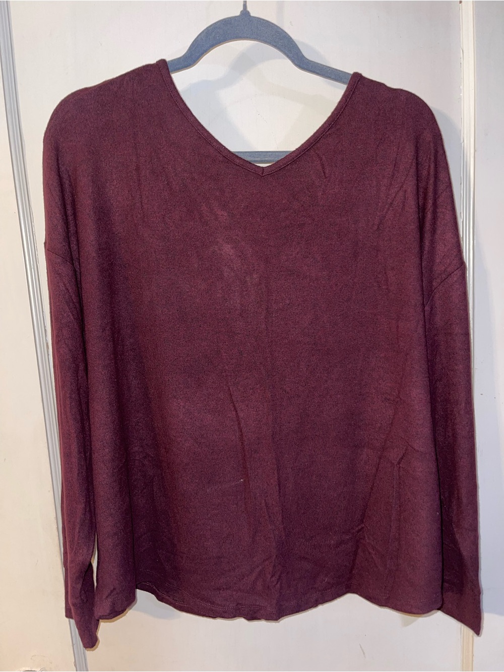 Women's V-Neck Long Sleeve Burgundy blouse with black velvet bow accent
